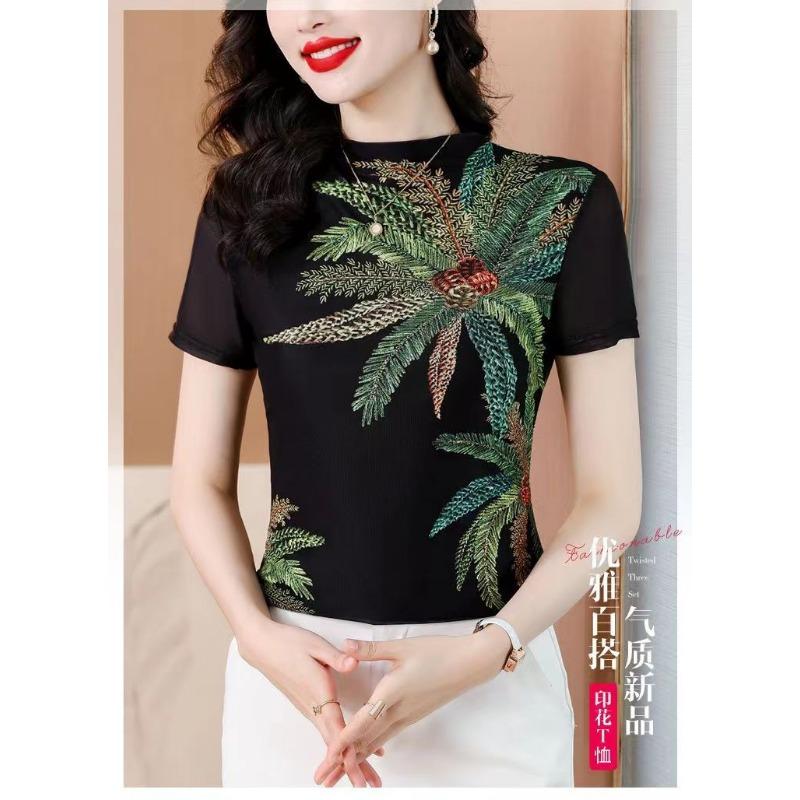 Women's Black Leaf Print Mesh Top Short Sleeve Slim Fit Casual Blouse