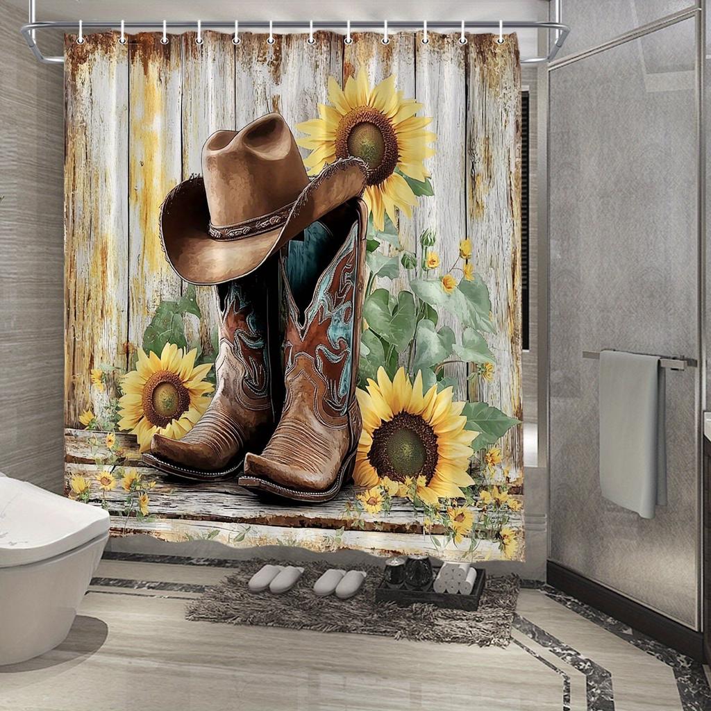 Western Rustic Cowboy Boots & Sunflowers Shower Curtain - Realistic Digital Art, Water-Resistant Polyester