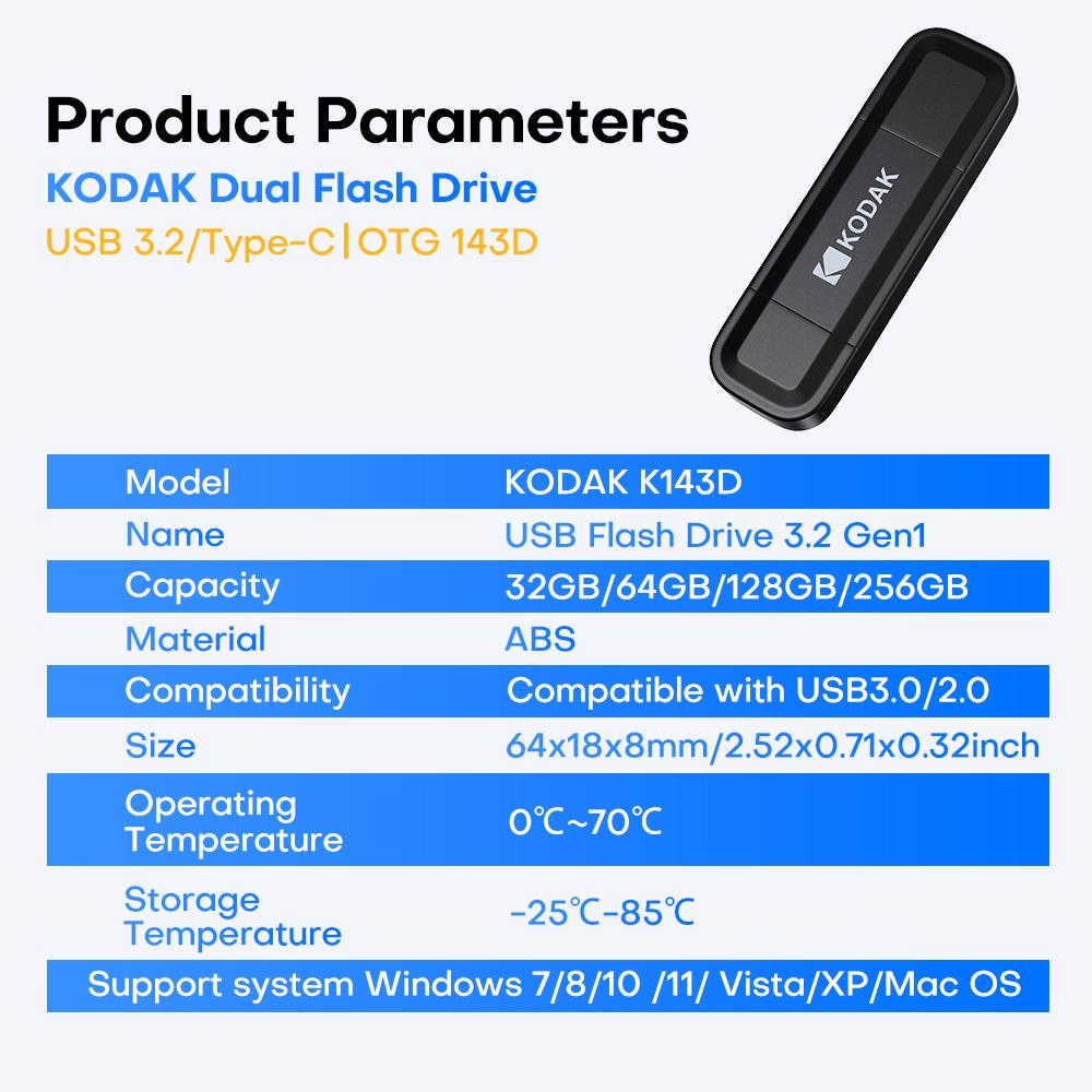 Kodak K143D USB Flash Drive Type C 32GB/64GB/128GB/256GB USB3.2 Pendrive High Speed Dual Memory Stick For Smartphone Laptop