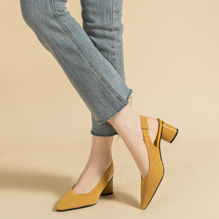 Women's Large Size Spring Sharp Pointed Toe Thick High Heel Single Shoes Casual Shallow Mouth Hollow Solid Color Buckle Knitted Sandals Shoes 34-43