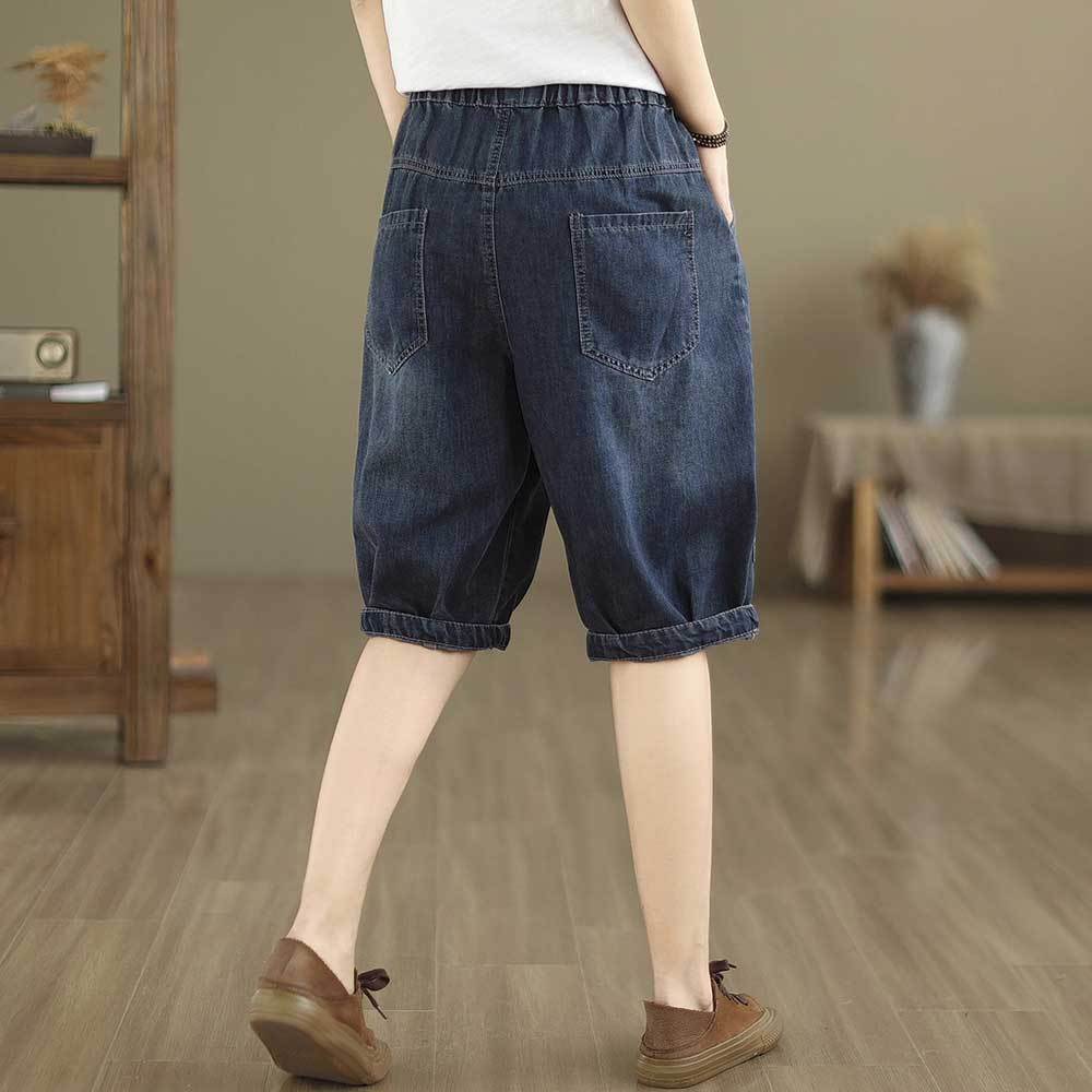 Summer Cartoon Ethnic Embroidery Denim Shorts for Women Loose Casual Drawstring Harem 5 Minute Mid Length Pants