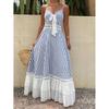 European Summer New Holiday Style Hollow Lace Ruffle Edge Striped Backless Long Dress