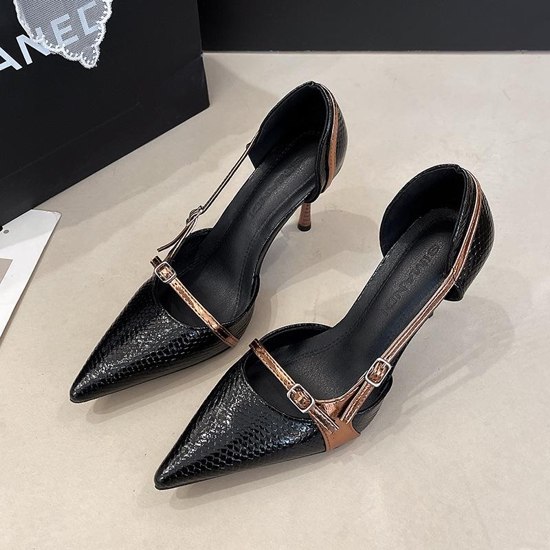 

Retro niche babes brown pointed high heels women s new snakeskin pattern sexy thin heels light mouth hollow single shoes 40 чёрный