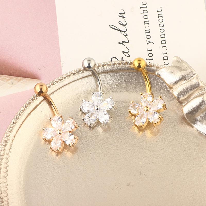 Exquisite Zircon Stainless Steel Body Jewelry Flower Belly Button Rings Dangling