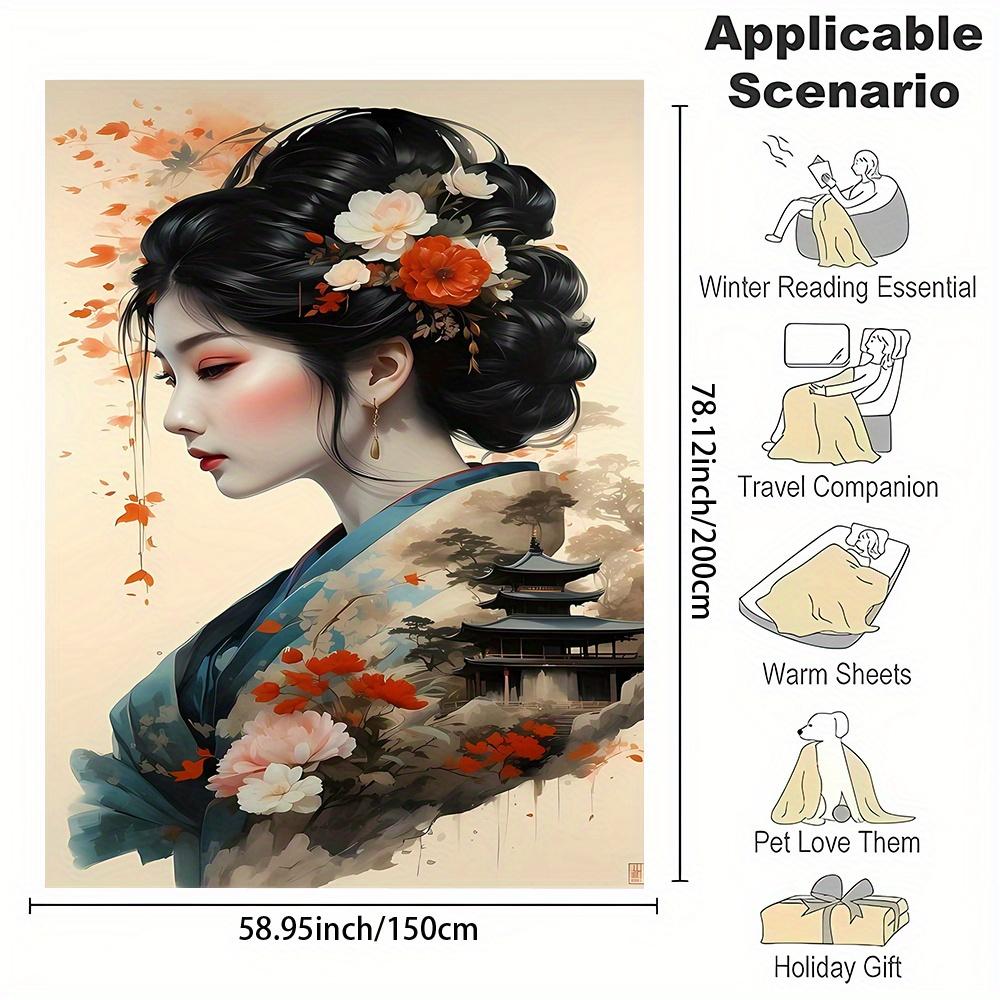 Elegant Japanese Geisha Pattern Flannel Printed Blanket Suitable for All Seasons Suitable for Living Room Office Sofa and Travel