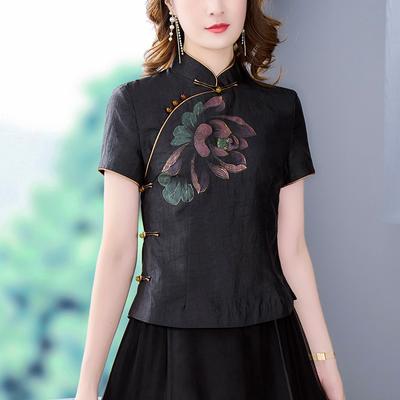 Camisa de Seda Xiangyunsha Manga Curta Feminina Roupa de Verão Novo Estilo Chinês Camisa Abotoada Top de Seda de Amoreira Mãe