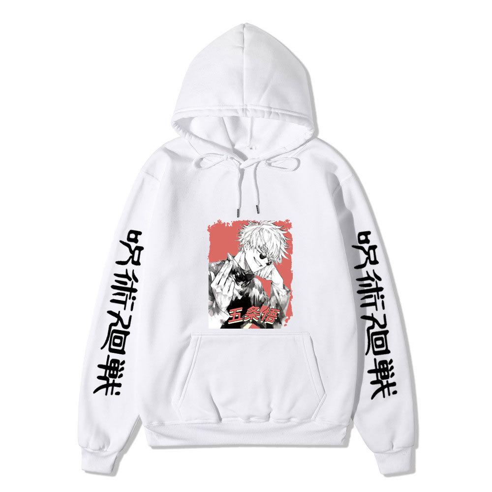 Jujutsu Kaisen Satoru Gojo Hoodie Unisex Fleece Sweatshirt Red Background Manga Portrait Kanji Sleeve Autumn Winter Pullover
