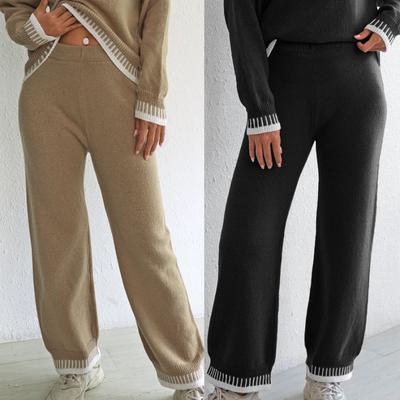 Women's Autumn Winter Thickened Trousers Contrasting Color Splicing Casual Wide-leg Woven Woolen Trousers