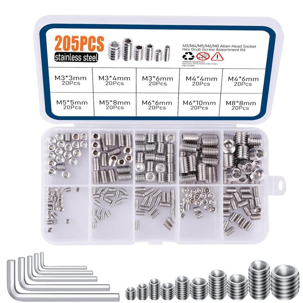 200Pcs Concave End Set Screw Set 304 Stainless Steel DIN916 Concave End Machine Rice Screw