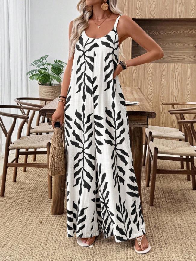 

2025 Hot-Selling Women s Casual V-Neck Tropical Leaf Print Jumpsuit Large білий