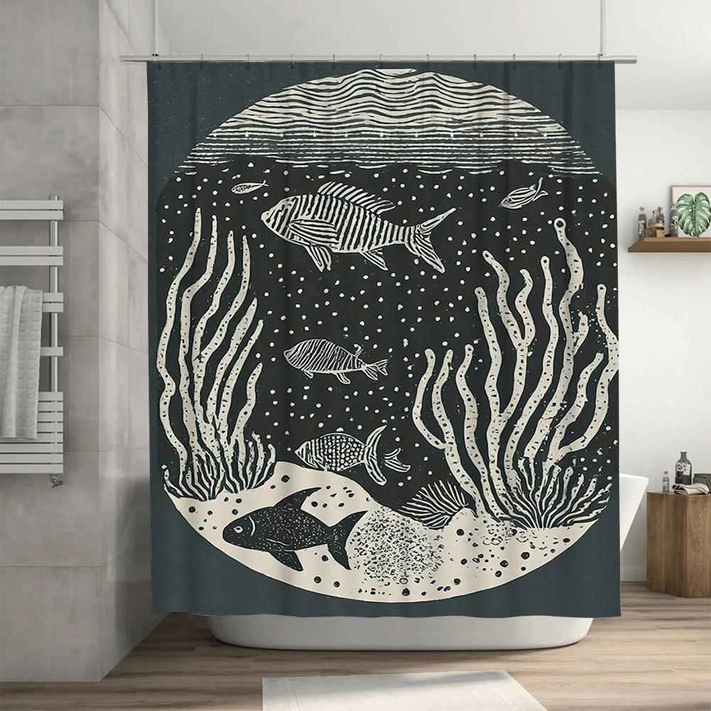 Schicker Duschvorhang mit Unterwasserwelt und Schwarz-Weiß-Fischschwarm, Moderne Badezimmerdekoration für Zuhause, Badezimmerzubehör