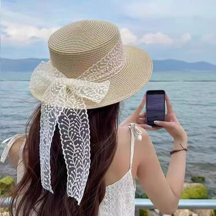 Lace Big Brim Straw Hat Women's Summer Seaside Beach Shade Sunscreen Hat Straw Cover Full Face UV Protection Hat