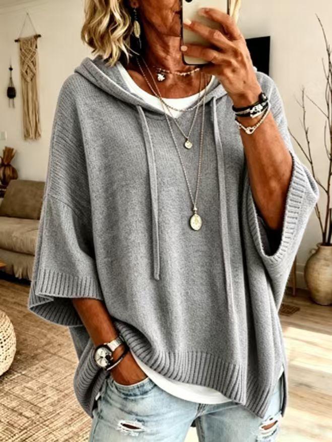 2026 Europe Autumn/Winter Women's Loose Hooded Knit Sweater with Drawstring