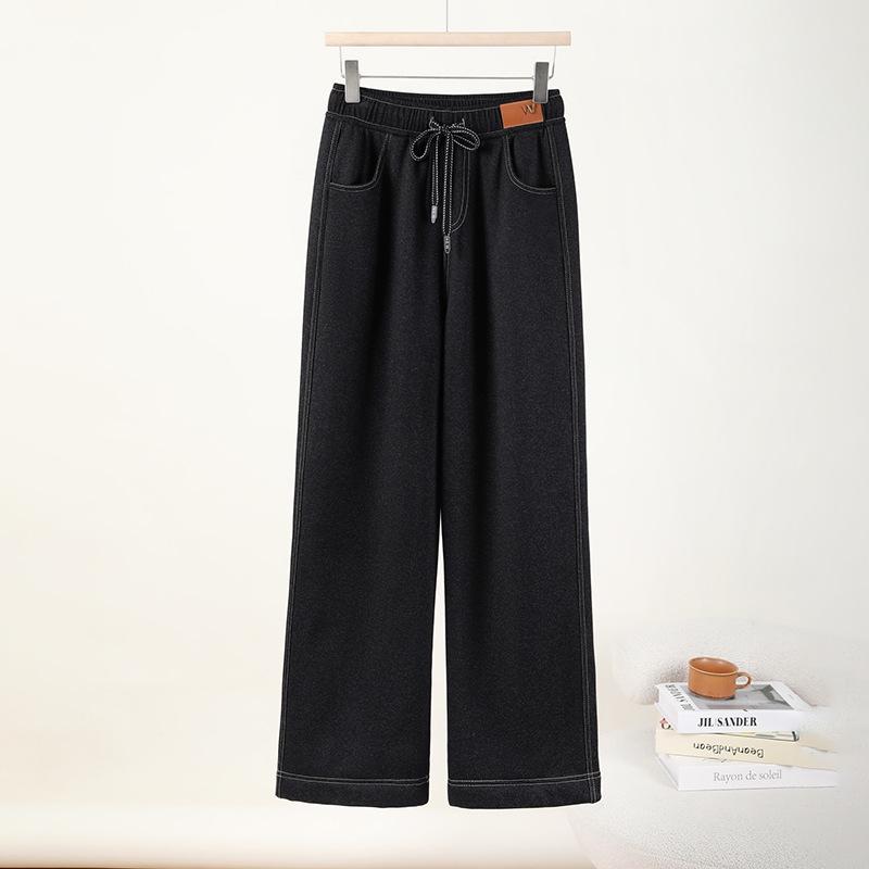 

2025 Autumn/Winter Kids Elastic Waist Faux Denim Wide-Leg Pants with Plus Velvet Warmth, Unisex Slimming Design. Large чёрный