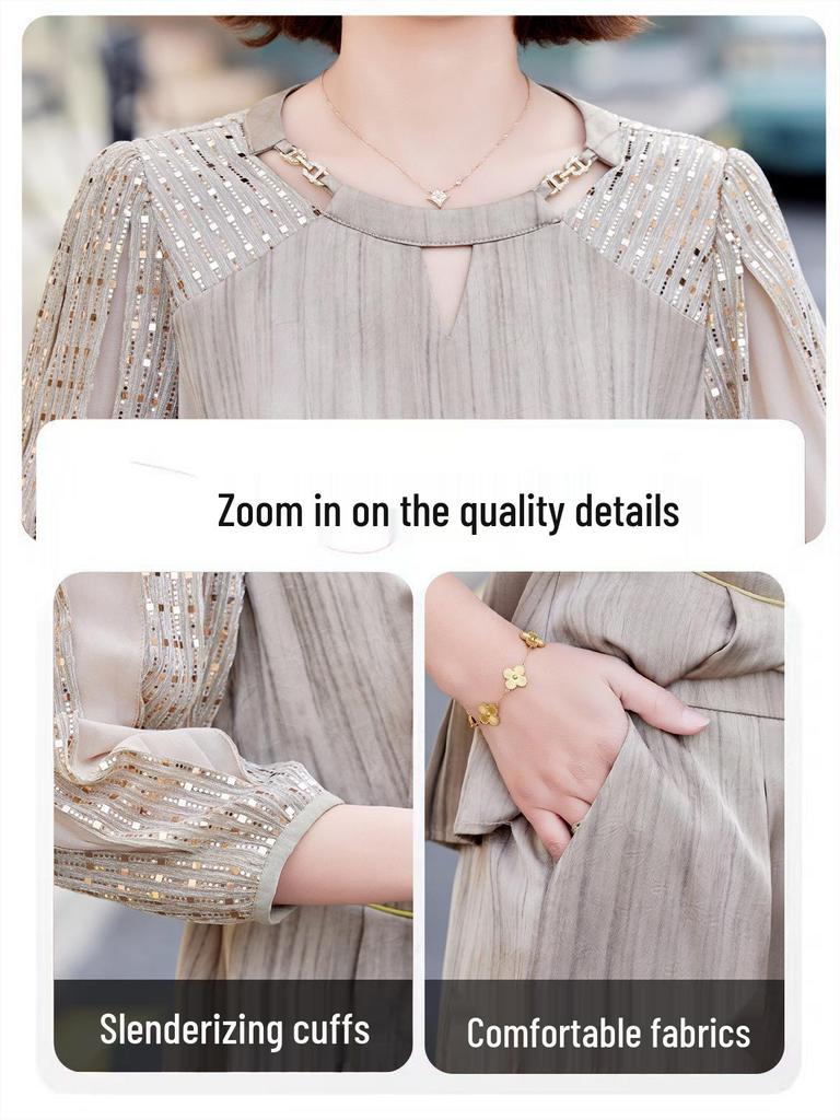 Elegant Autumn 2025 Satin Blouse & Seven-Sleeve Two-Piece Set for Middle-Aged and Elderly Women