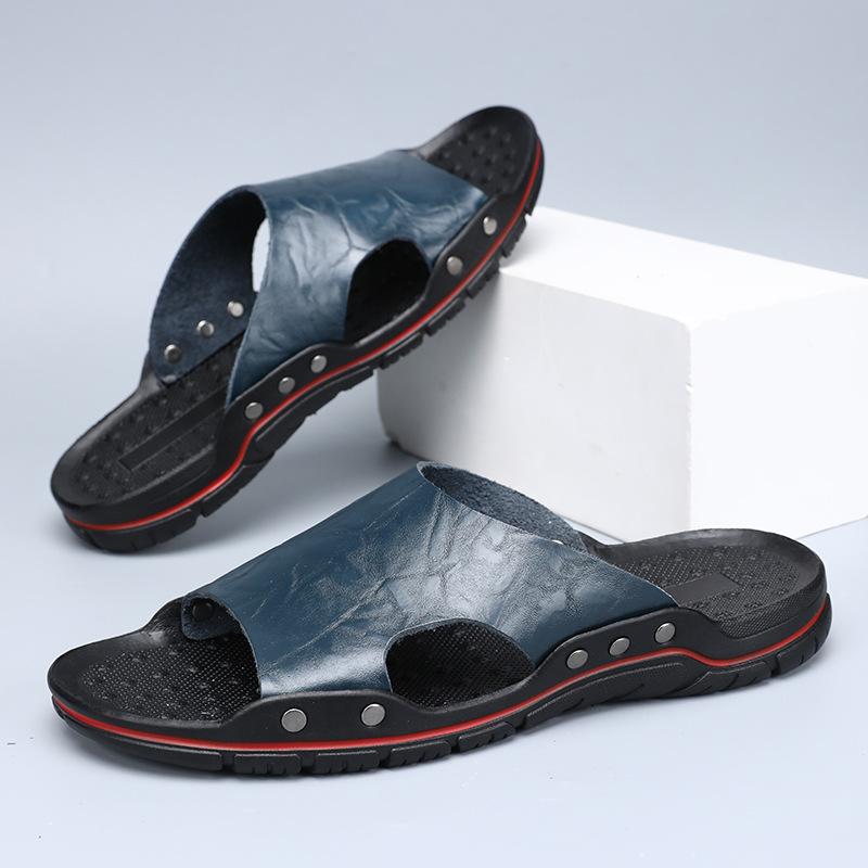 

Мужские летние кожаные сандалии Удобные Нескользящие Дышащие Шлепанцы Легкие Повседневные Тапочки Размер 48 синий