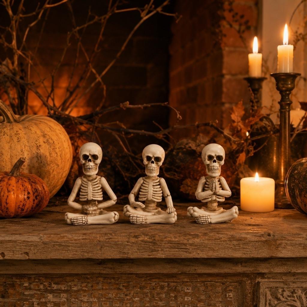 Halloween Skeleton Resin Figurines Set of 3 Sitting Skeletons with Pumpkin Heads Decorative Statues for Seasonal Tabletop Display or Shelf Decoration