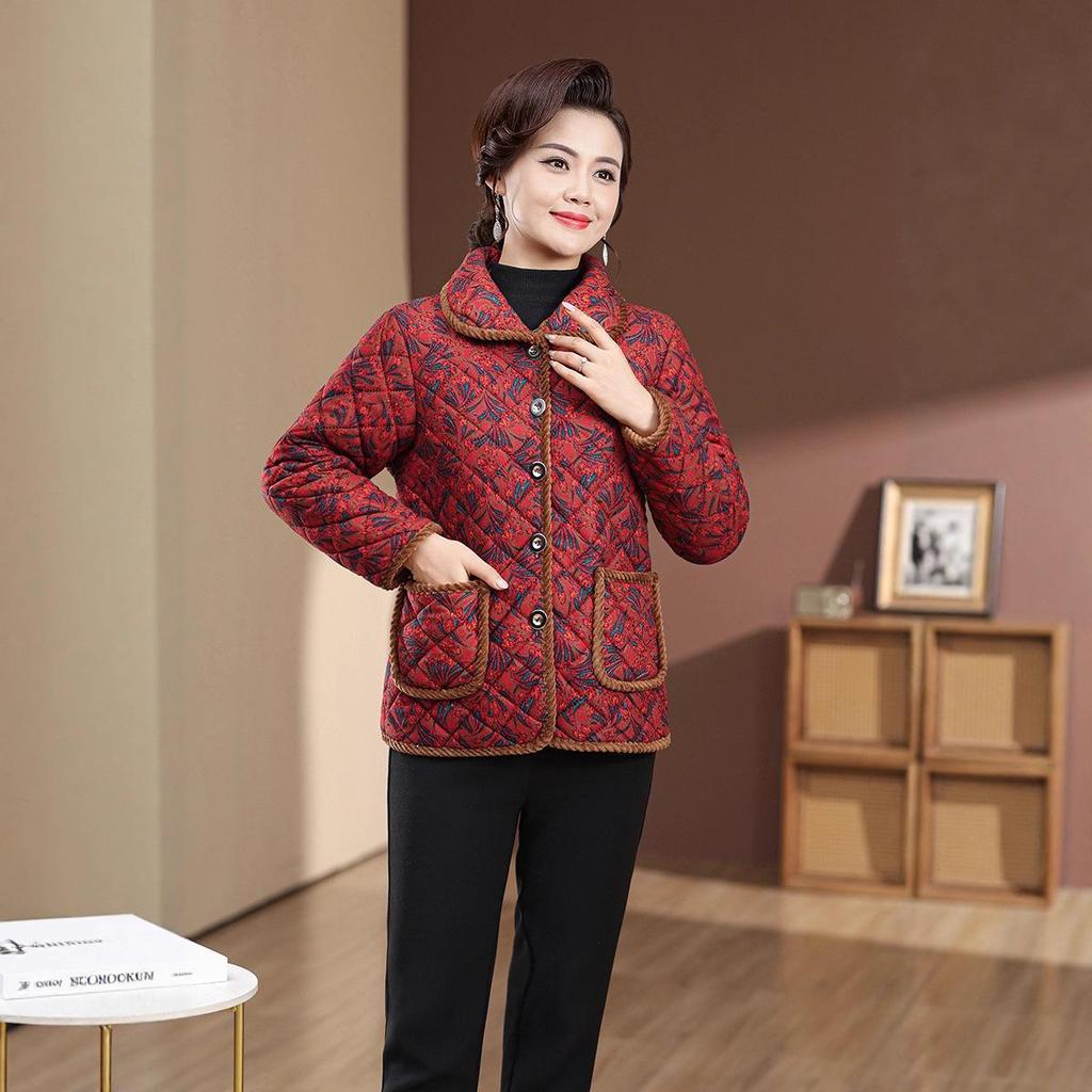 Mom's Winter Plus Size Velvet Cotton Plaid Jacket for Middle-Aged & Elderly