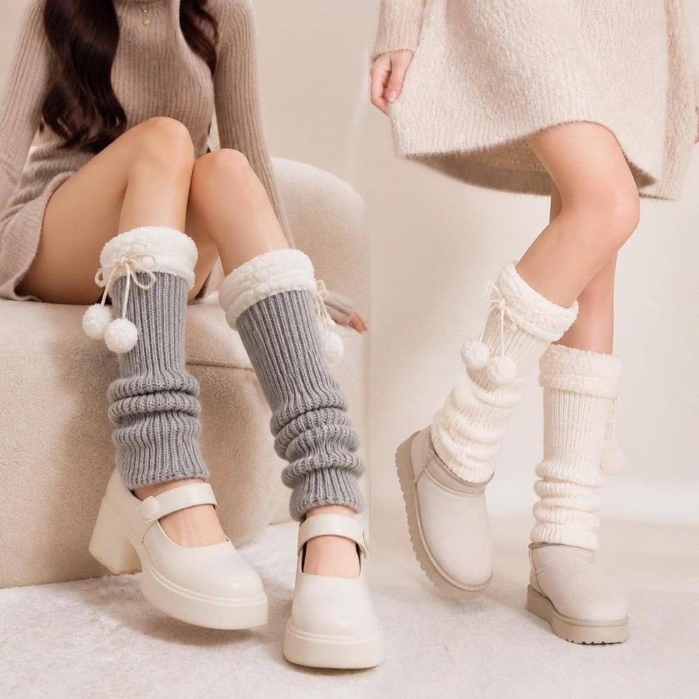 1pair Fuzzy Ball Knitted Leg Warmers Solid Color Winter Foot Cover Cute Mid-Calf Length Socks  Girl