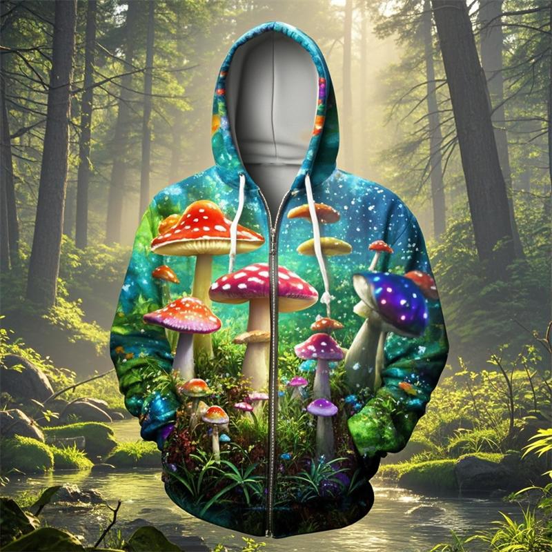 Sweat à capuche zippé impression 3D champignon Unisexe Mode décontractée Sweat à capuche Sweat-shirt de survêtement surdimensionné Vêtement