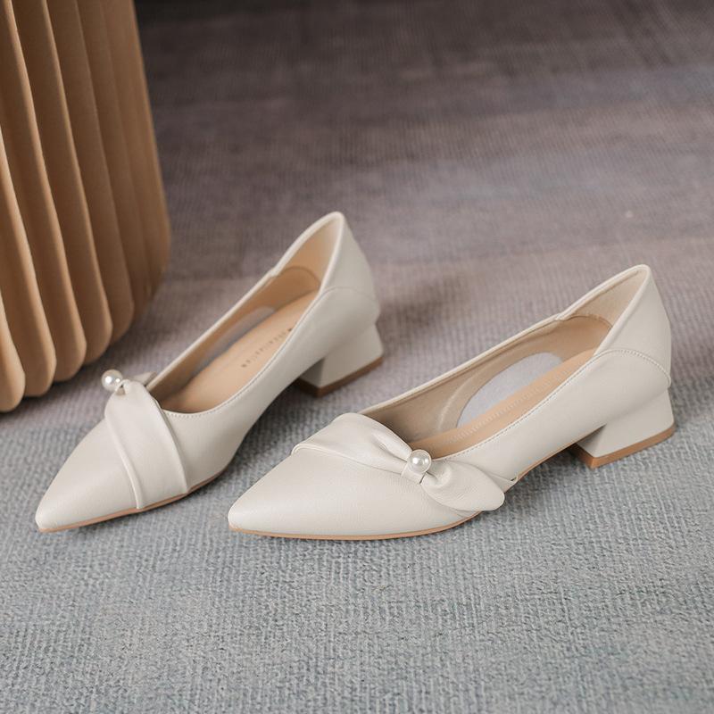 

Остроносые туфли-лодочки женские весенние профессиональные на среднем каблуке нежные туфли женские бант жемчуг толстый каблук 40