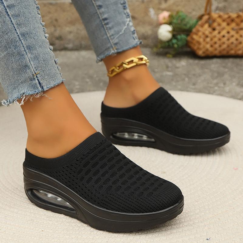 Women's air cushion socks and sports shoes breathable solid color knitted hooded sports shoes casual backless walking shoes