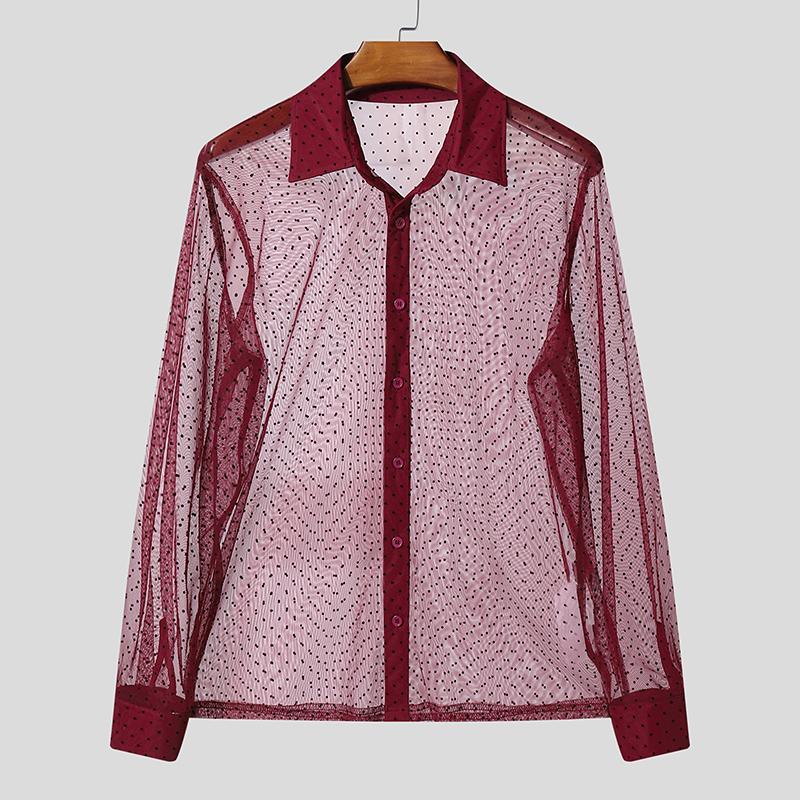 INCERUN Men Lapel Neck Long Sleeve Mesh Sheer Polka Dots Shirts