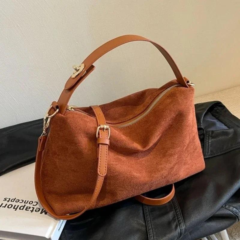 Faux Suede Solid Color Zipper Shoulder Bag 2026 Winter Exquisite Simple Casual Bags Durable for Daily Commuting Women's Handbags