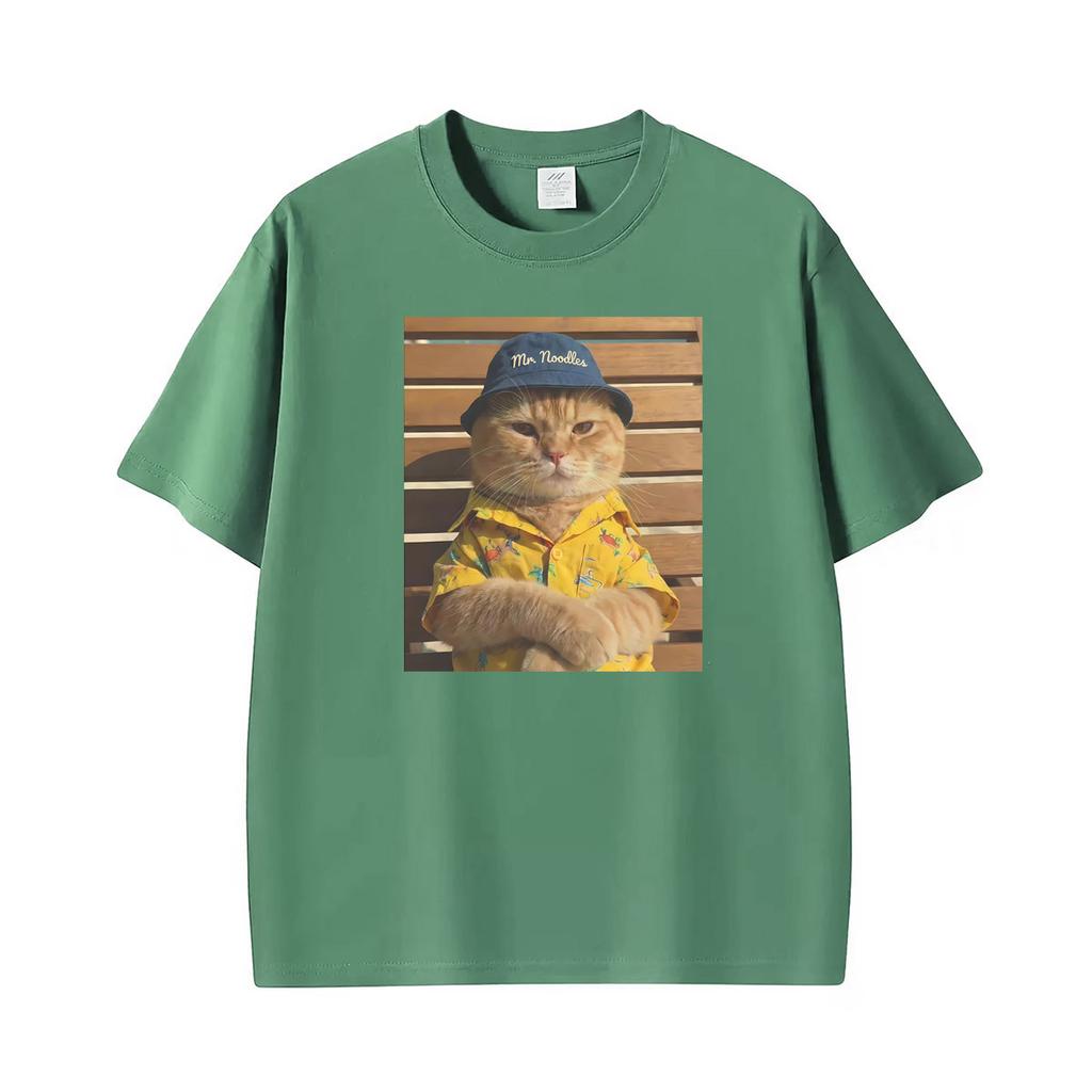 Mr Noodle Cat In Bucket Hat Funny Kitty Photo T Shirts Unisex Retro Short Sleeve Tshirt Unisexs Clothing Casual Oversized Tshirt