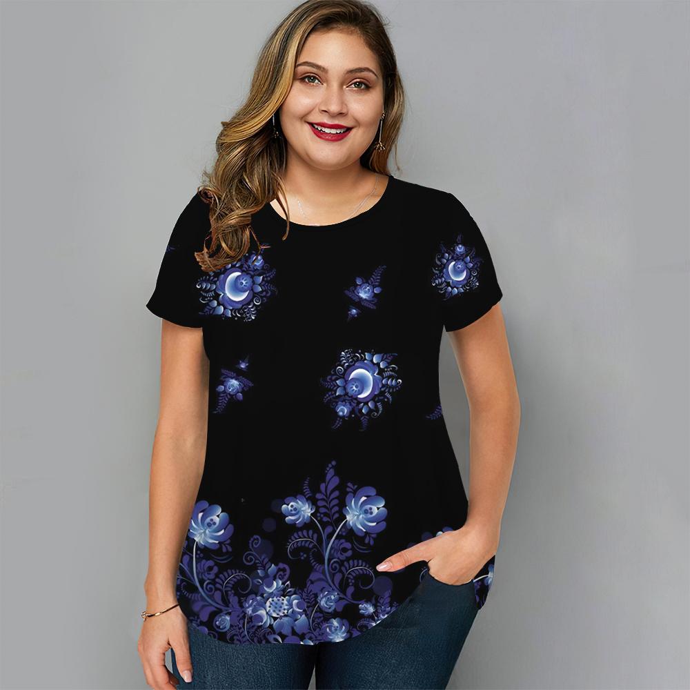 Summer Round Neck Floral Graphic 3D Print Top Fashionable Casual Short Sleeved Plus Size Women's T-shirts