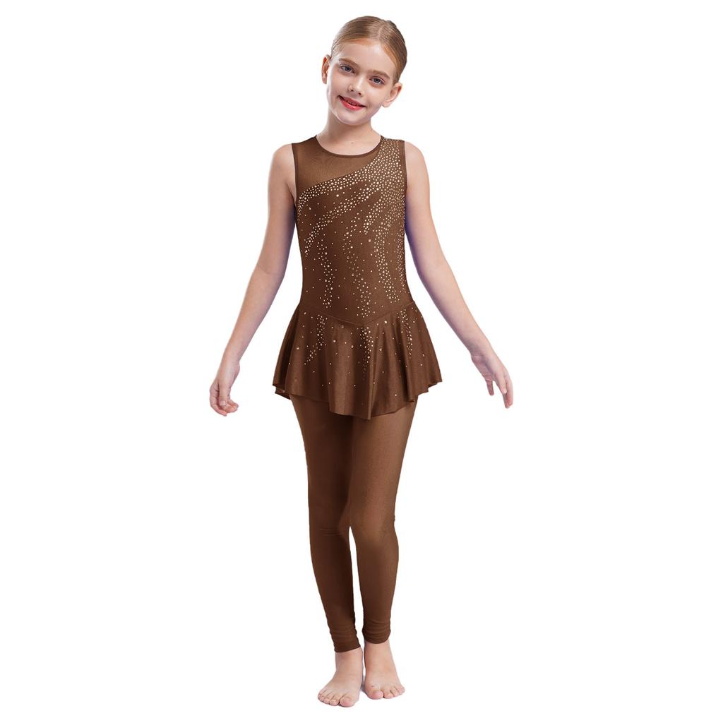 Girls Gymnastics Jumpsuit Shiny Rhinestones Sleeveless Keyhole Back Full Length Skirted Bodysuit
