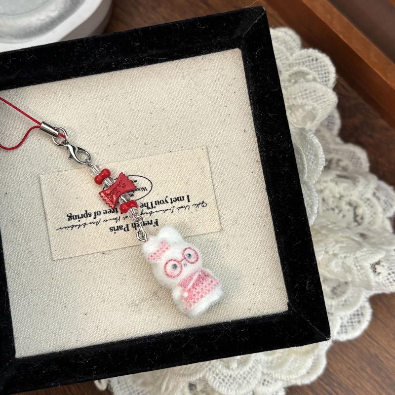 

Cute Flocking Rabbit Keychain Cartoon Rabbit Mobile Phone Rope Pendant Car Key Ring Backpack Decoration Pendant Accessories Gift