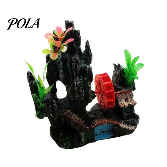 Moss Rock Aquarium Decor Spinning Waterwheel, Fish Tank Ornament, Mini Rockery Mountain Waterwheel Air Bubbler, Resin Ornament Aerating Action Hideout