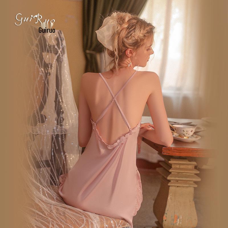 Satin Backless Lace Nightgown with Padded Deep V & Tie-Waist Robe Set