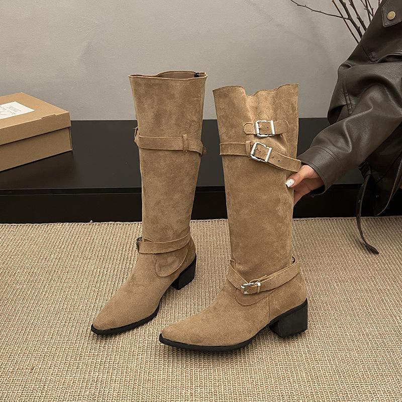 Pointed Boots Children Thick Heel Thin Pleated Piled Boots Women's 2025 Spring and Autumn Khaki Suede But Knee Boots