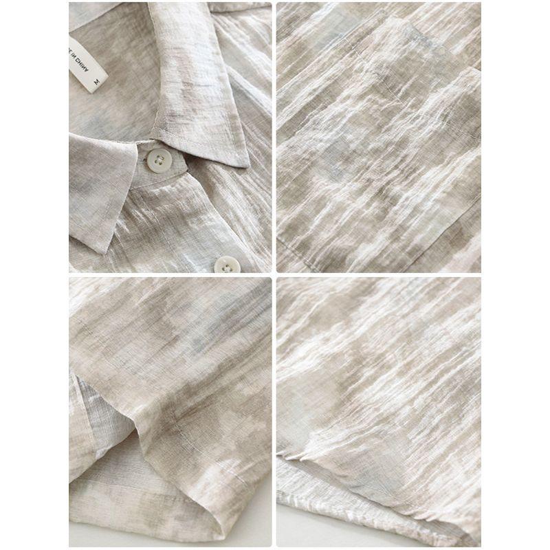 Summer Fresh Ice Silk Linen Short sleeve Shirts Men's Loose Casual Print Beach Cotton and Linen Shirt Quick-Drying Thin