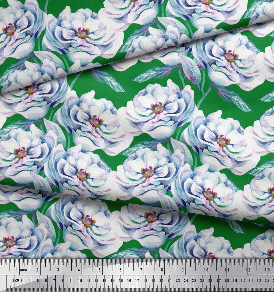 Soimoi Green Japan Crepe Satin Fabric Leaves & Blooming Camellias Floral Print Sewing Fabric Metre 42 Inch
