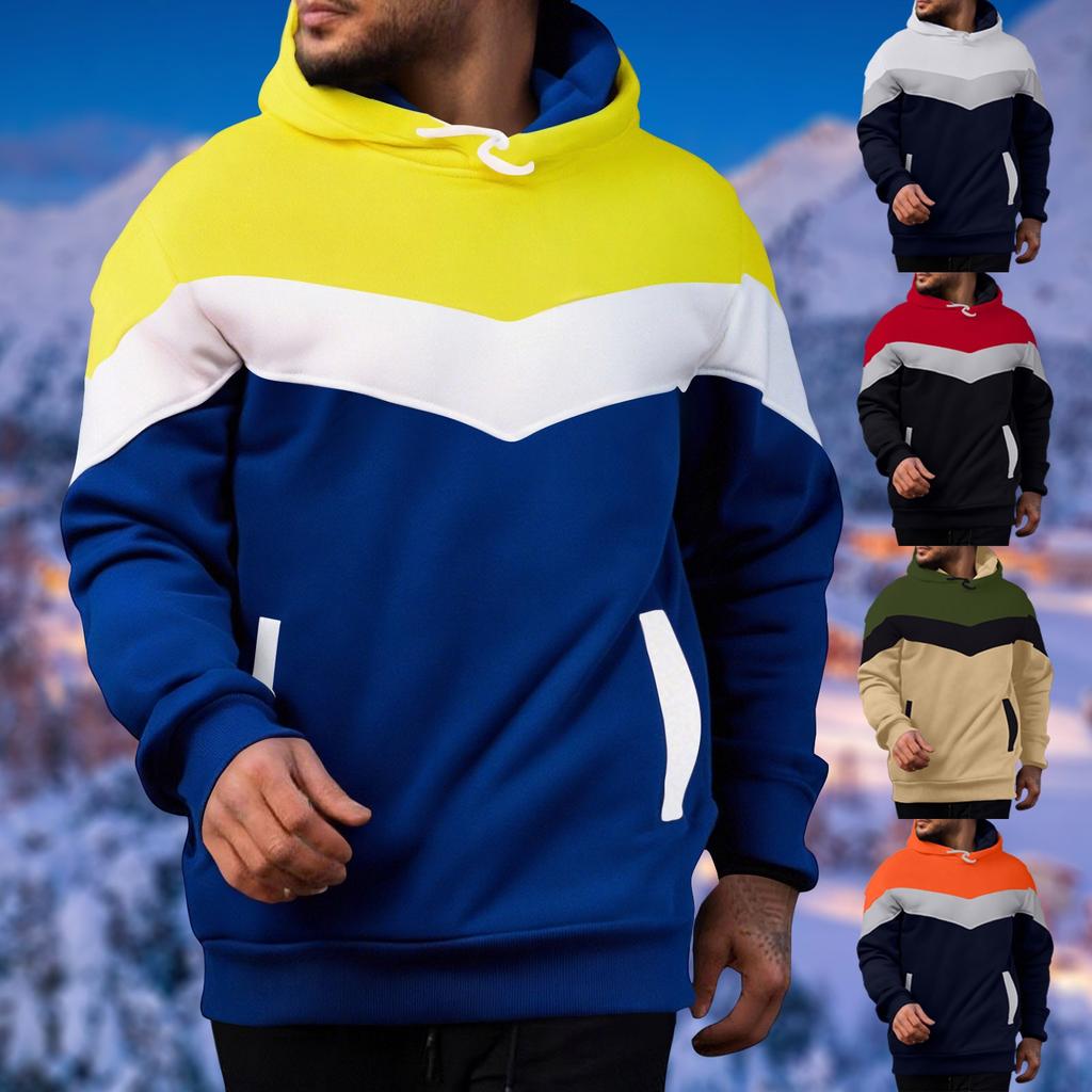 Pánská ležérní volná mikina s blokováním barev, stahovací šňůrkou, velkou kapsou, kapucí, sportovní mikina