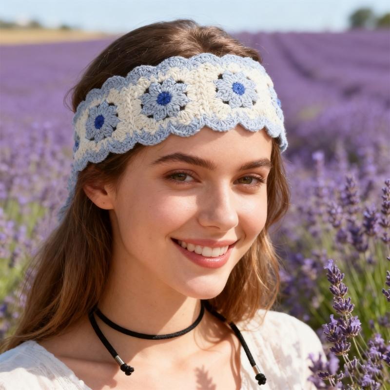 Elegant Crochet Flower Head Scarf Wide Hairband for Women Teens Girl Elastic Headwrap for Music Festival Travel Props