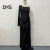 Abendkleid für Damen, eine Schulter, einzelne offene Ärmel, geteilter Saum, einfarbig, schmale Taille, plissiertes Knotendekor, einfarbig, Abschlussball, Cocktailparty, Maxikleid