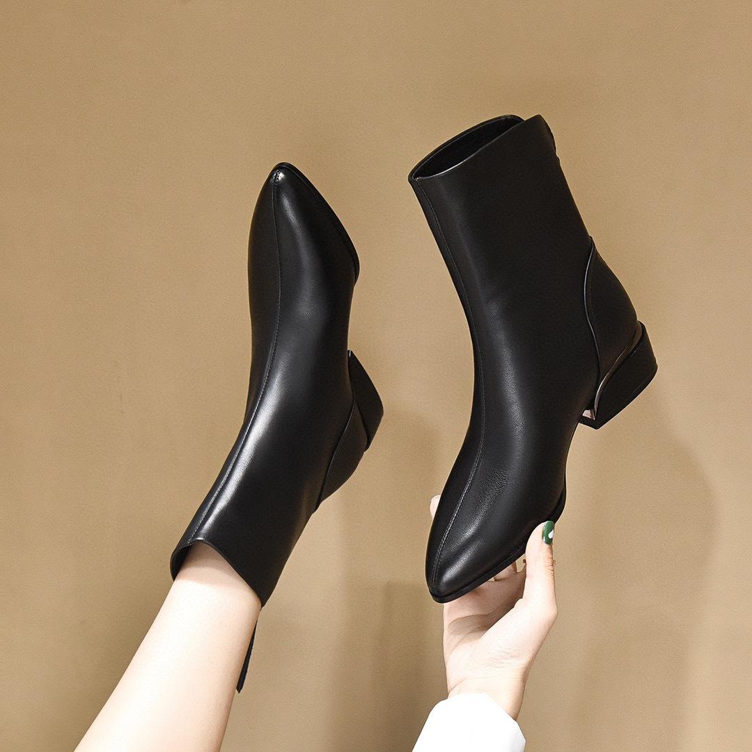 

Кожаные сапоги женские осенне-зимние новые остроносые на плоской подошве с задней молнией модные сапоги из первого слоя коровьей кожи средней высоты с хлопковой подкладкой 40