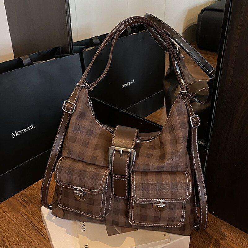 Retro multi-pocket women's bag large-capacity casual commuter bag women's fashion plaid double shoulder shoulder bag