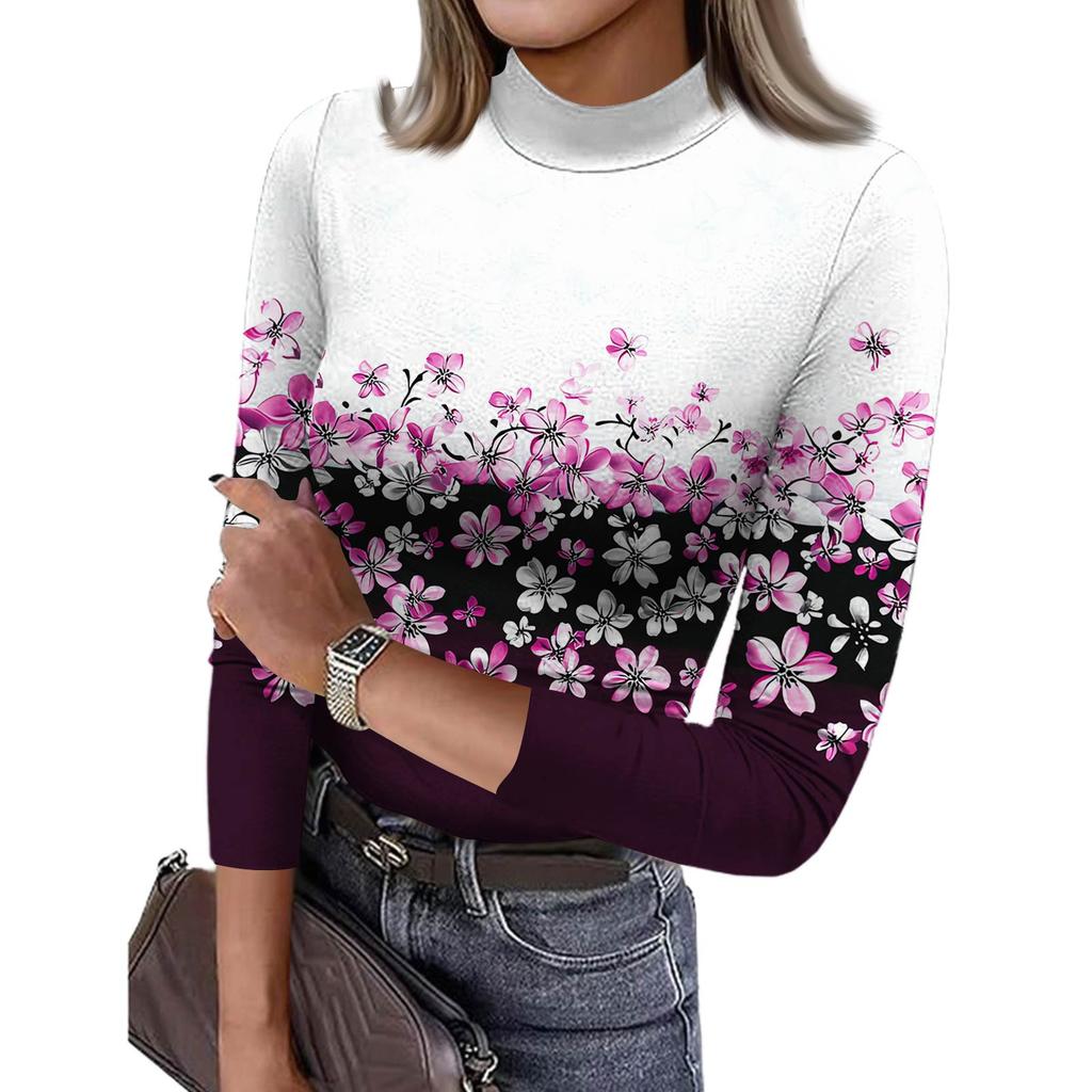 Damen Slim Bottom T-Shirt Mode Lässig Farbverlauf Druck Rundhals Pullover 3/4 Ärmel Top