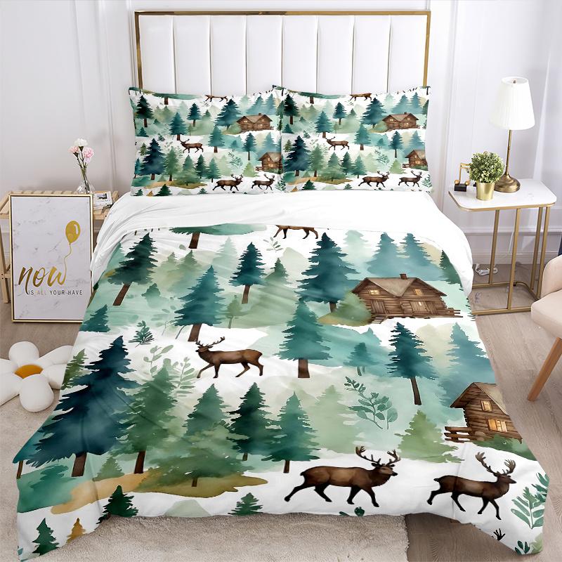 3pcs Woodland Retreat Cabins and Majestic Deer Bedding Set, 1 Soft Quilt Cover + 2 Pillowcases, Machine Washable, Suitable for All Seasons