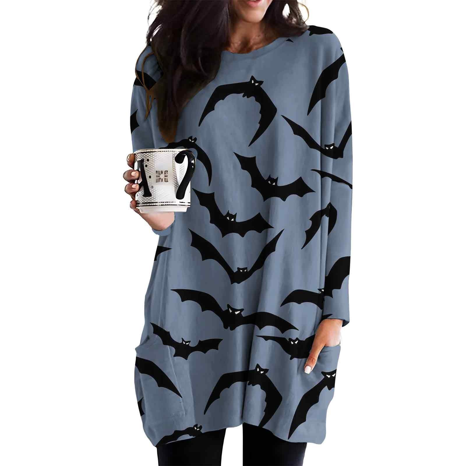 

Женский свободный повседневный топ с длинными рукавами и круглым вырезом на Хэллоуин с принтом и карманами M