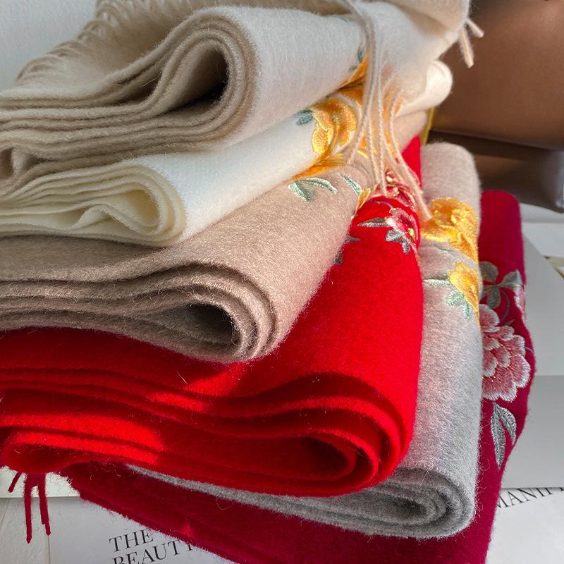 Fashion Wool Embroidered Scarf For Women Solid Color Soft Winter Warm Lady Shawl Peony Wool Tassel Blanket Bandana Scarves