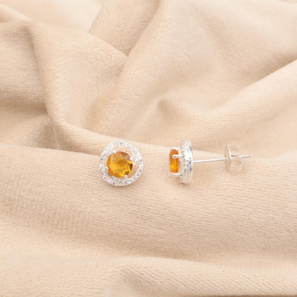 Natural Citrine Gemstone 925 Sterling Silver Jewelry Zircon Stud Earrings 0.41" CZE-8-2