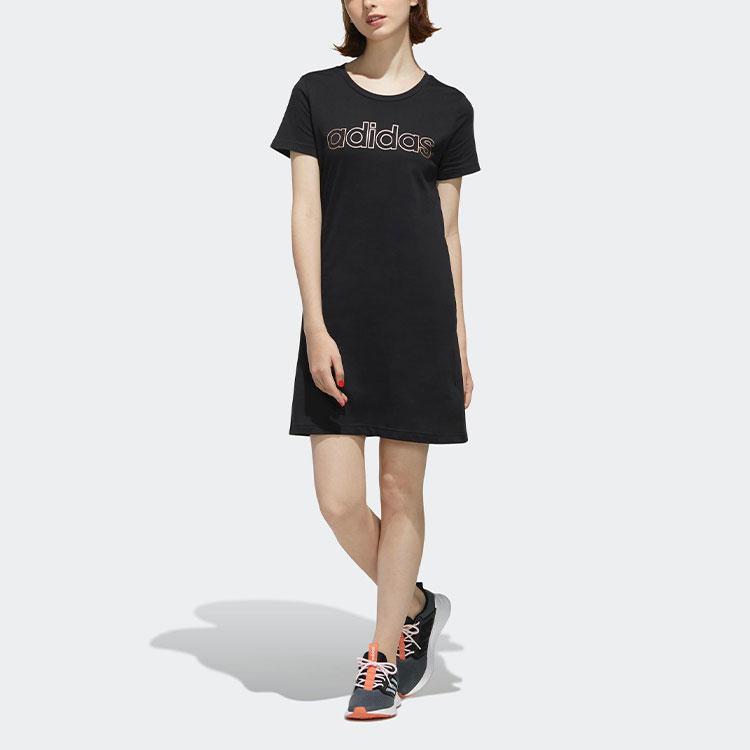 Adidas Logo Comfortable Loose Round Neck Short Sleeve Dress Women Dresses Black FL0141