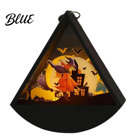 Decorative Lights for Home Halloween Triangle LED Lantern Tumbler Shape Night Light with Witch Ghost Glass Silhouette Shadow Box Pumpkin Battery