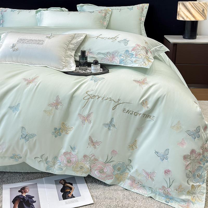 Class A Maternal And Infant Grade 240 Long-Staple Cotton4-Pcs Set Of Pure Cotton Satin Embroidered Quilt Cover, Bed Sheet Skin-Friendly Mattress